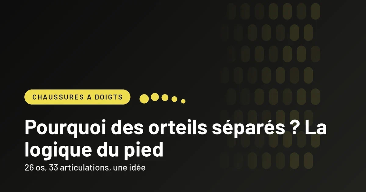 Bannière noir et jaune illustrant la logique des chaussures à orteils séparés et l'anatomie du pied