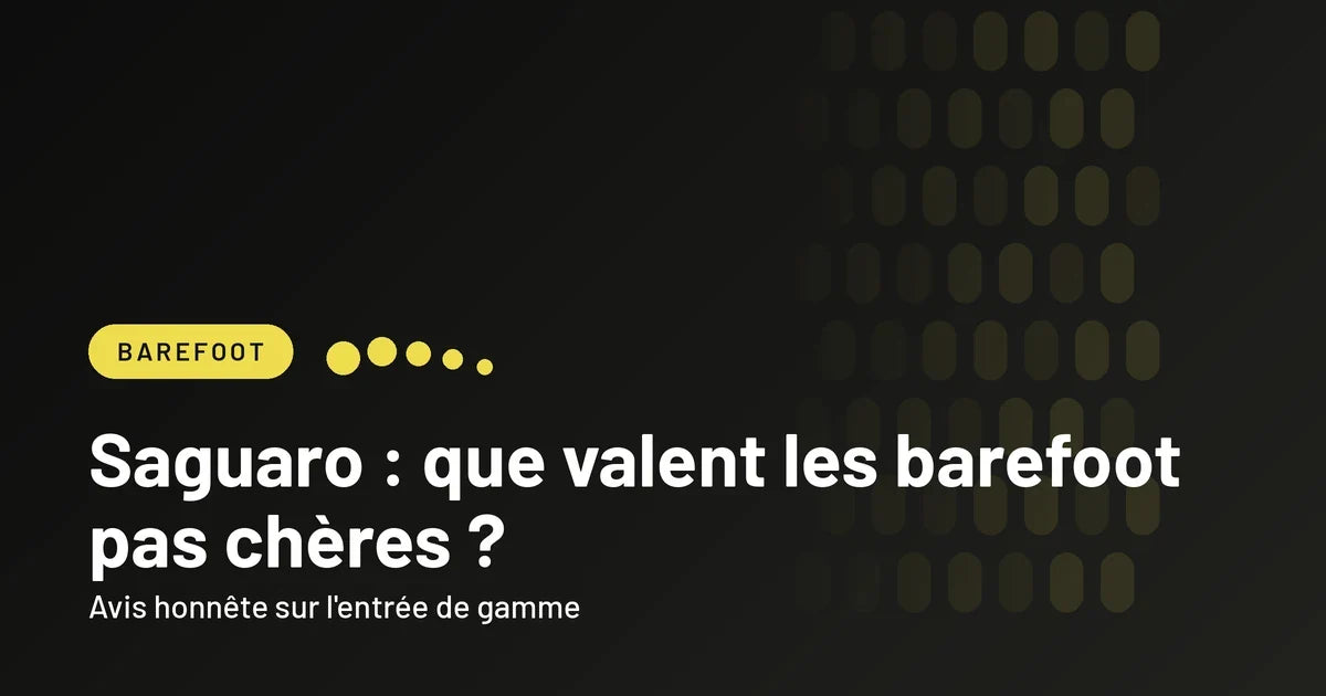 Visuel d'en-tête noir et jaune Vibram FiveFingers titré Saguaro : que valent les barefoot pas chères ?